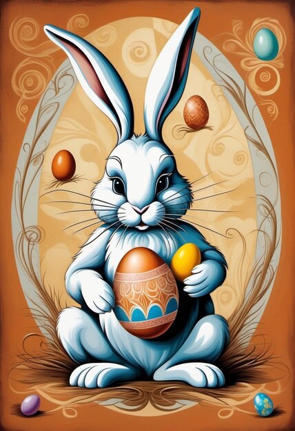 Foto cartoon coniglietto di pasqua con uova illustrazione personaggio animato felice poster di pasqua