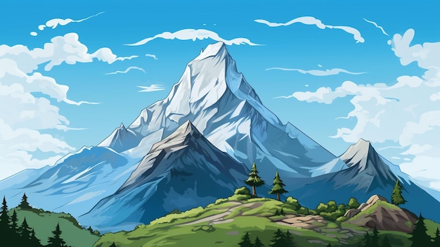 cartoon Een berg met een blauwe lucht en de woorden