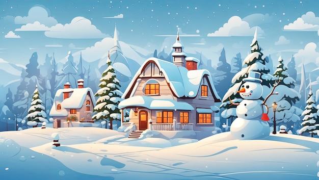 Cartoon eenvoudige winter sneeuwlandschap en huizen met kerstboom en sneeuwpop ontwerp vector illust