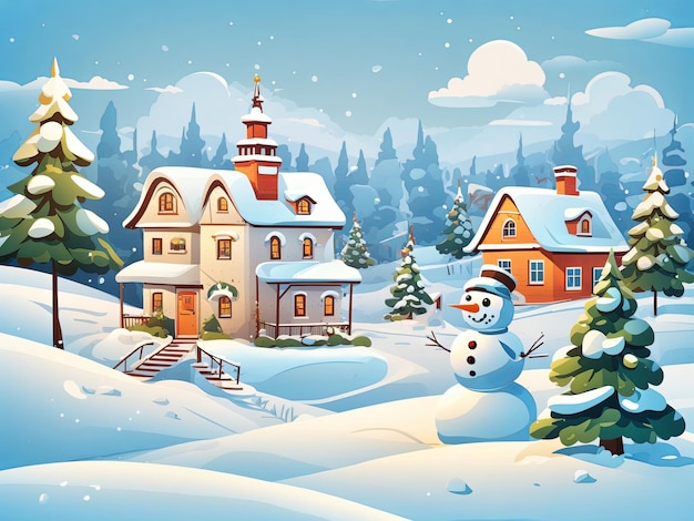 Cartoon eenvoudige winter sneeuwlandschap en huizen met kerstboom en sneeuwpop ontwerp vector