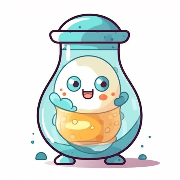 A cartoon egg in a flask with a blue cap that says'egg'on it