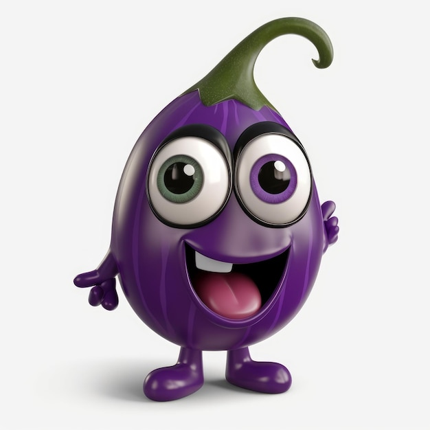 A cartoon eggplant with a green eye and a purple eggplant on the bottom.