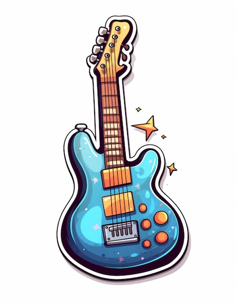 Cartoon electric guitar with a blue body and a yellow neck generative ai