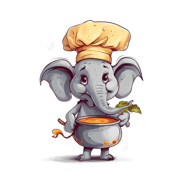 A cartoon elephant holding a plate of food with a piece of chicken on it