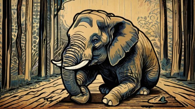 a cartoon elephant sitting on the ground a woodcut by Cicely Hey featured on pinterest rayonism