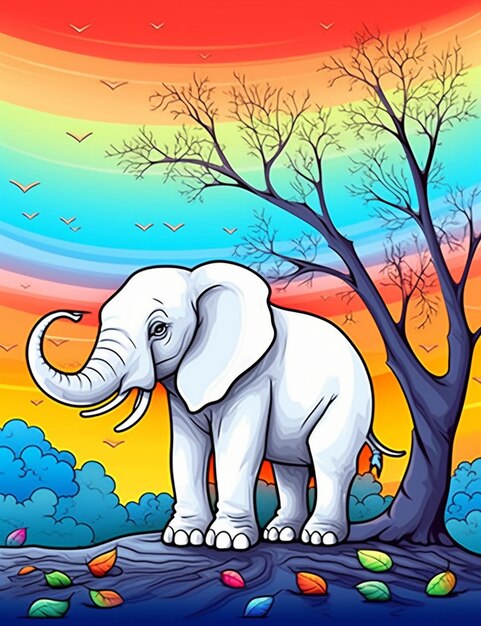 Photo cartoon elephant standing in the middle of a field with trees and leaves generative ai