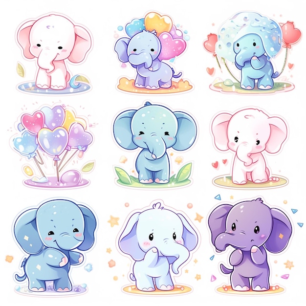 cartoon elephant stickers with different expressions and colors generative ai