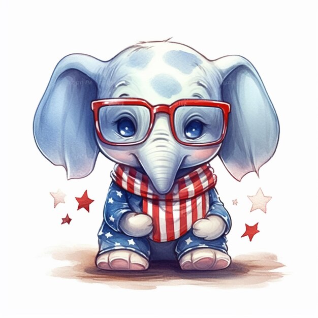 Cartoon elephant wearing glasses and a scarf with stars generative ai