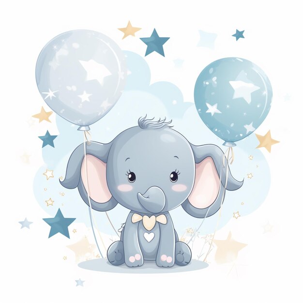 Foto elefante in cartone animato con un palloncino e stelle su uno sfondo blu generativo ai