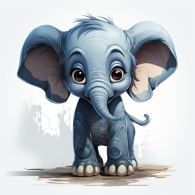 큰 귀와 큰 귀를 가진 만화 코끼리, 에 서있는, 생성 AI