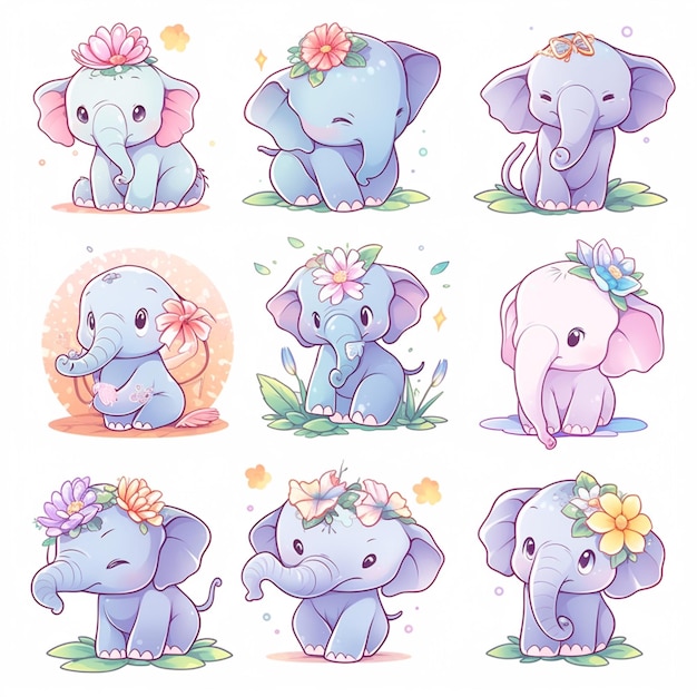 Фото Карикатурный слон с различными выражениями и цветами на голове