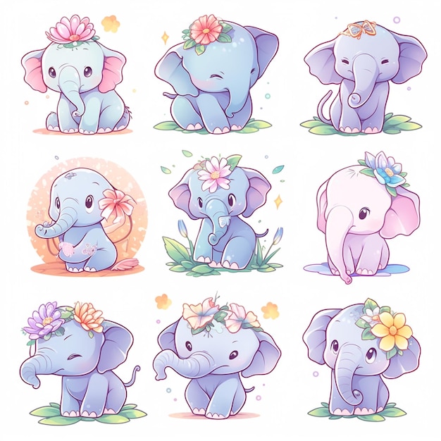 cartoon elephant with different expressions and flowers on their head generative ai