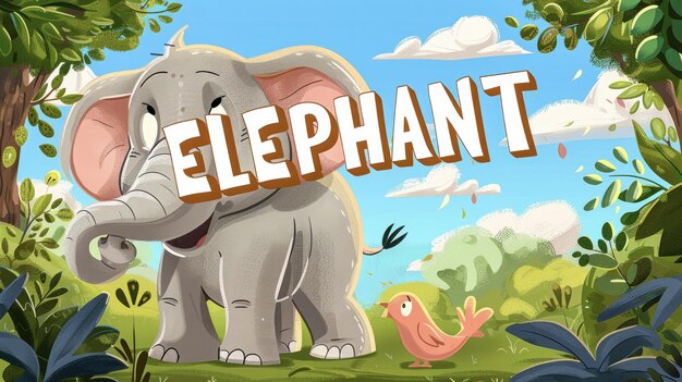 Photo cartoon elephant with elephant text in jungle