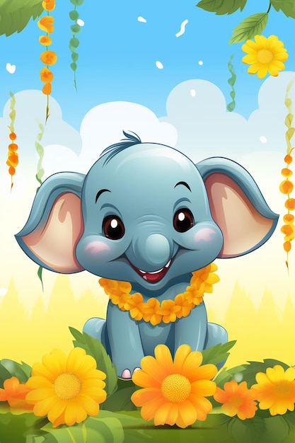 a cartoon of an elephant with flowers and a picture of a baby elephant