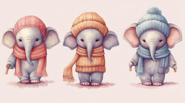 A cartoon of elephants wearing hats and scarves