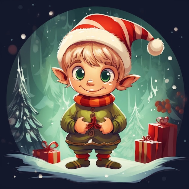cartoon elf boy with christmas presents in the snow generative ai
