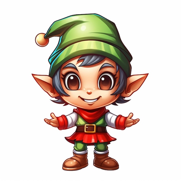 Photo cartoon elf boy with green hat and red scarf generative ai