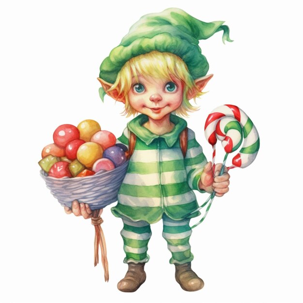 Photo cartoon elf with a basket of candy and lollipops generative ai