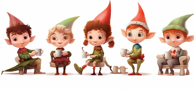 Photo cartoon elves sitting on a bench with cups of coffee generative ai