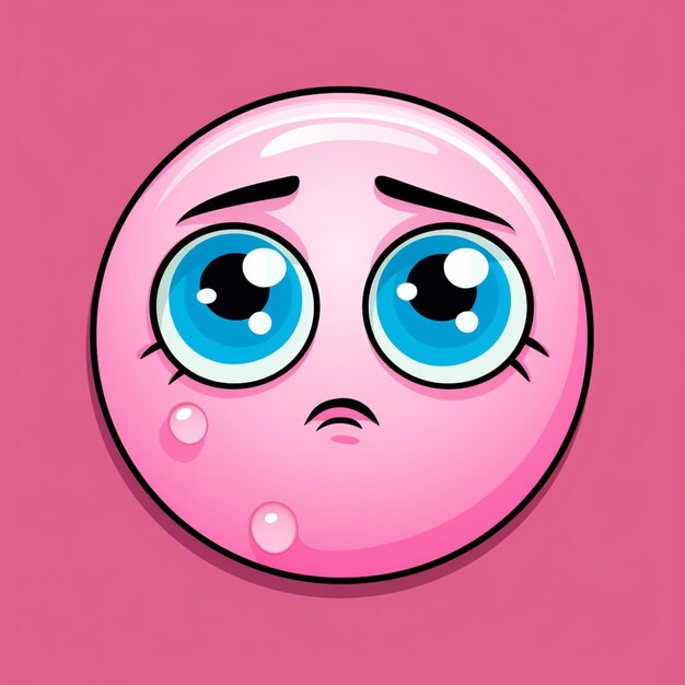 Photo cartoon emoticive face with teary eyes on pink background generative ai