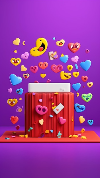 Cartoon emoticon display stand with candles and confetti social media podium background with emojis