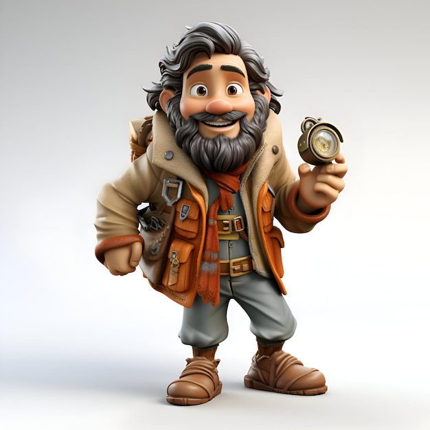 Cartoon explorer with a compass in his hand 3d illustration