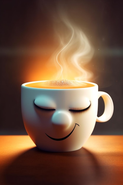 A cartoon face is sleeping on a coffee cup.