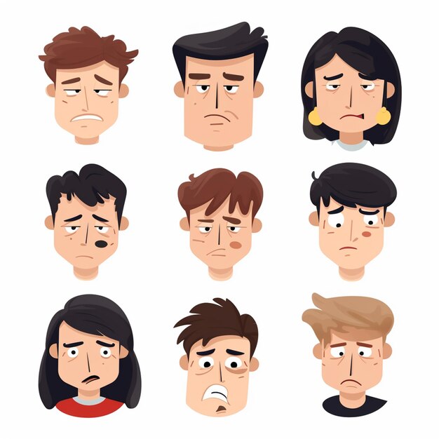 Photo cartoon faces of a man and woman with different expressions generative ai