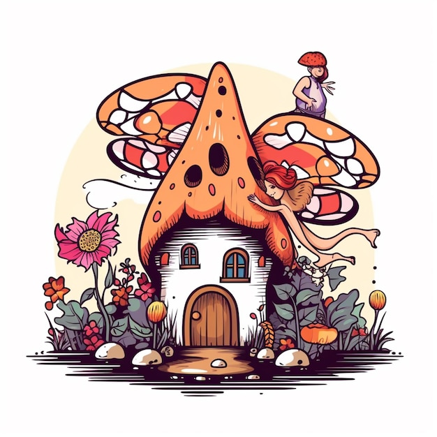 Photo cartoon fairy house with a mushroom roof and a fairy flying over it generative ai