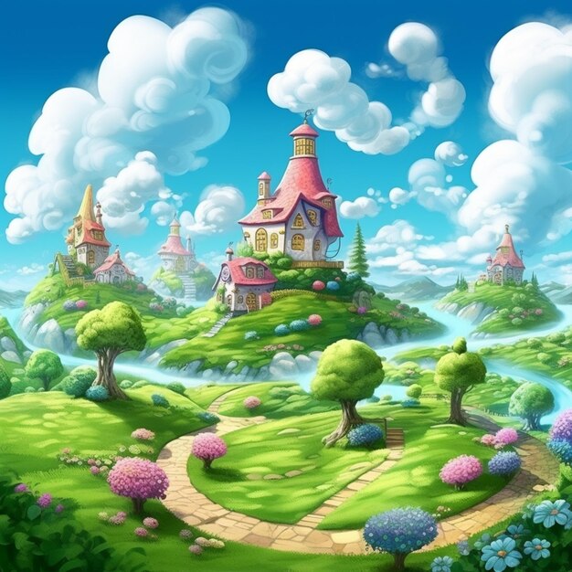 Cartoon fairy land with a castle and a river generative ai