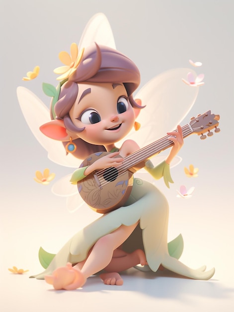 A cartoon fairy playing a guitar sits on a rock.