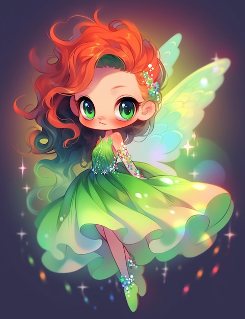 Cartoon fairy with green dress and red hair flying generative ai