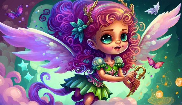 Cartoon fairy with a wand and butterfly in her hand generative ai