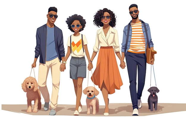 cartoon familie op straat met hun handen in de zakken in de stijl van levendige colorisme
