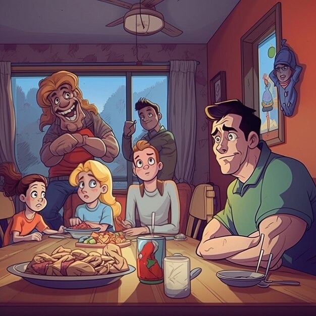 A cartoon of a family eating dinner at a table with a large ketchup bottle on the table.