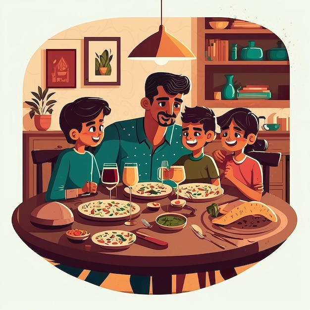 A cartoon of a family eating dinner together.