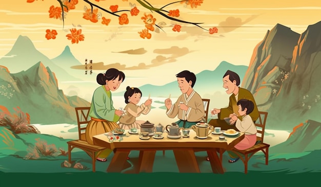 A cartoon of a family having a meal in front of a mountain.