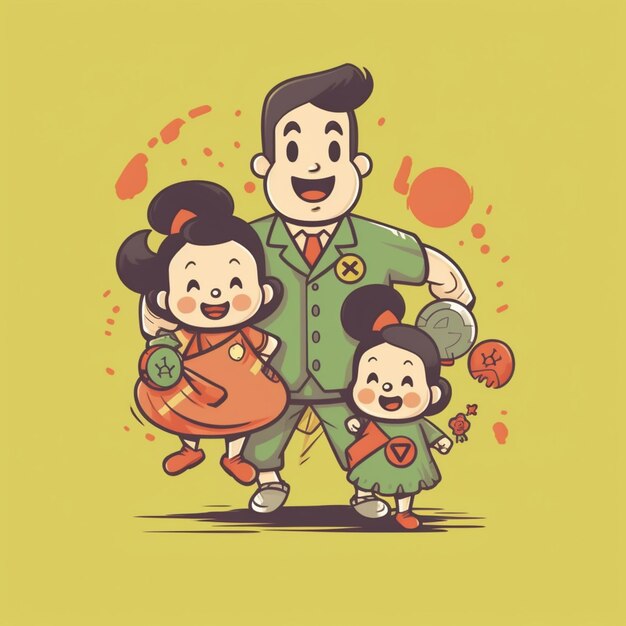 cartoon family illustration with a man and two children generative ai