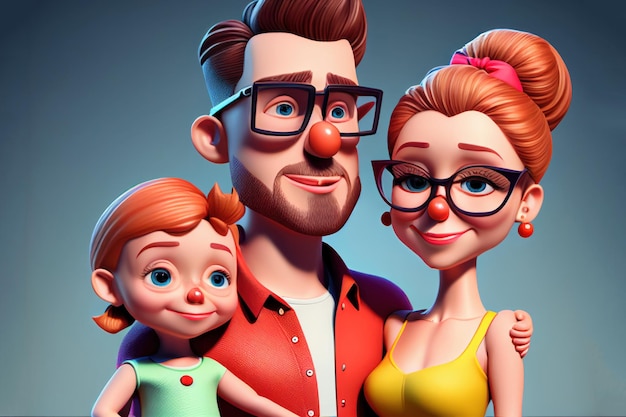 Cartoon family portrait daughter mom and dad smiling Generative AI