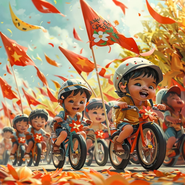 Photo cartoon of a family riding on a long bicycle