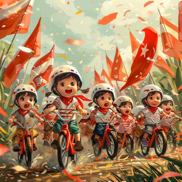 Photo cartoon of a family riding on a long bicycle
