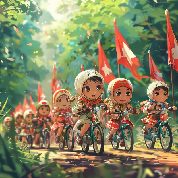 Photo cartoon of a family riding on a long bicycle