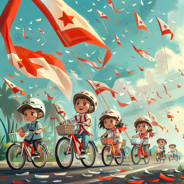 Photo cartoon of a family riding on a long bicycle