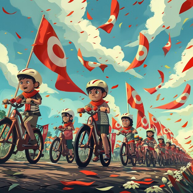 Photo cartoon of a family riding on a long bicycle