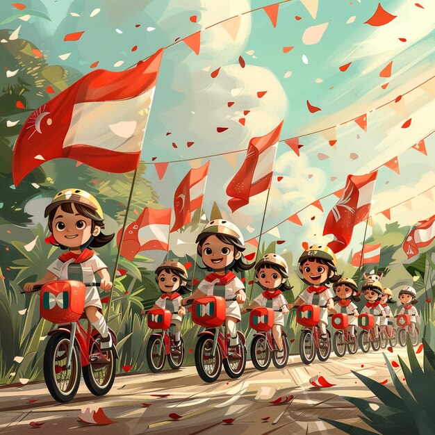 Photo cartoon of a family riding on a long bicycle