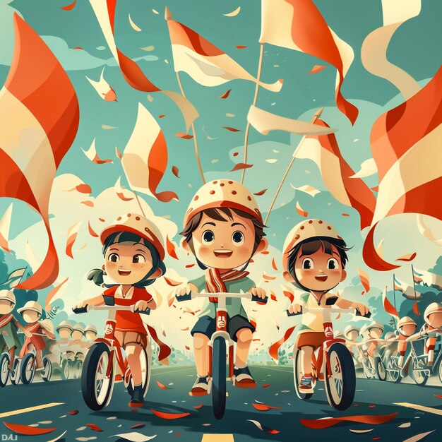 Photo cartoon of a family riding on a long bicycle