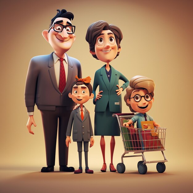 Cartoon family shopping cart 3D