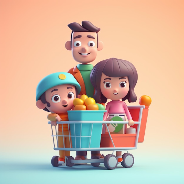 Cartoon family shopping cart 3D