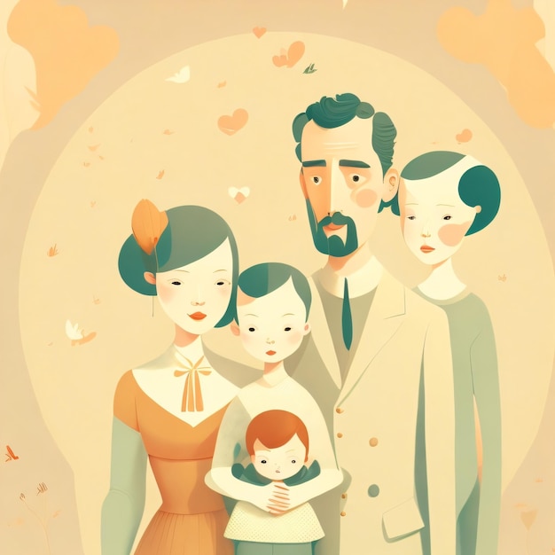 A cartoon of a family with a baby in the middle.