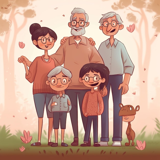 A cartoon of a family with a dog and a dog